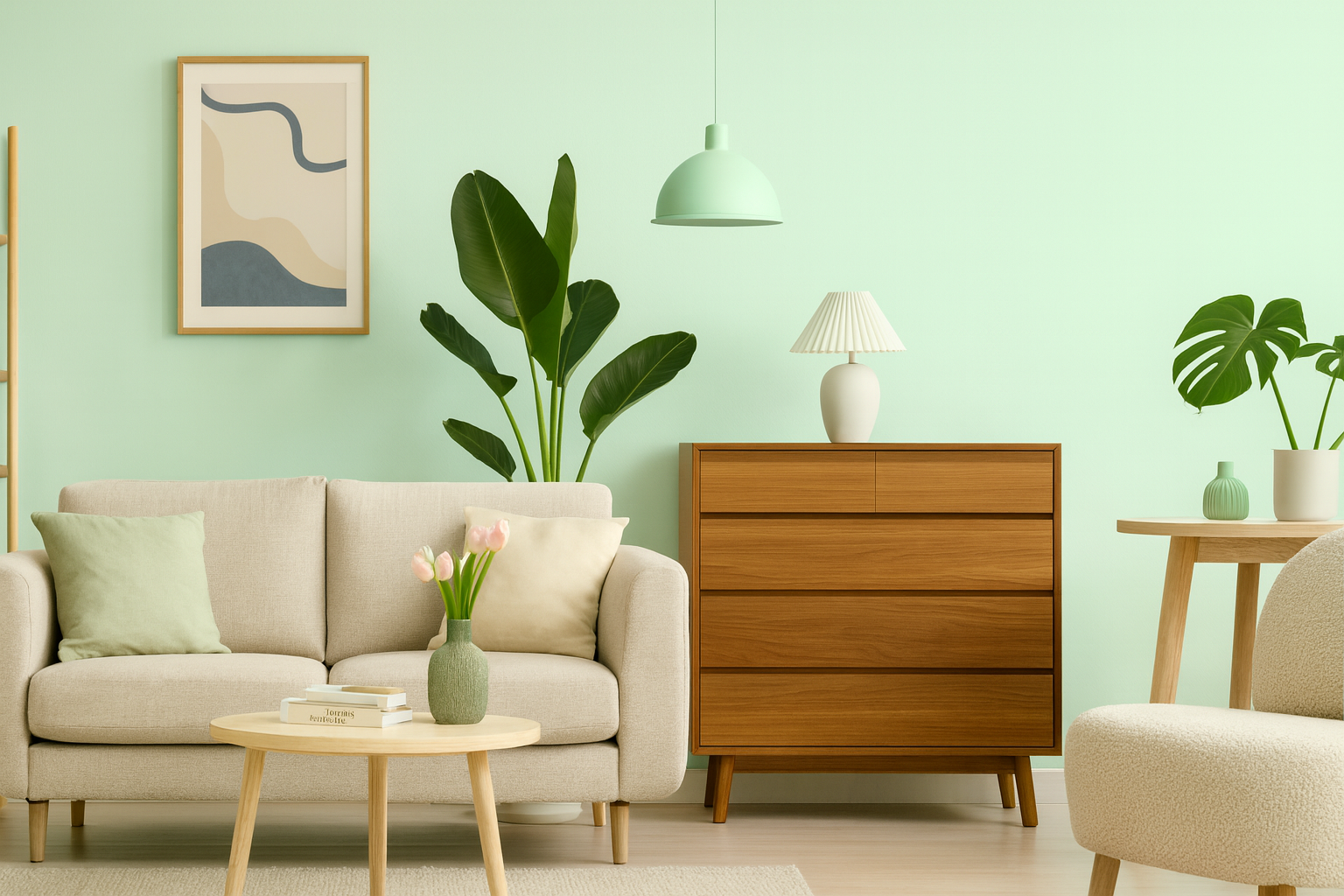 Modern living room with a beige sofa, wooden cabinet, and decorative plants.