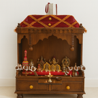 Wooden altar with religious statues and offerings on a white background